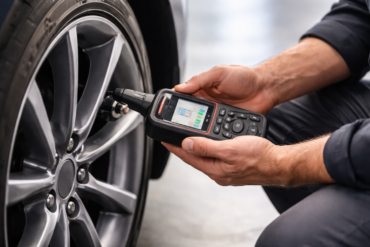 TPMS Scan Tool diagnosing tire pressure sensor problems on a modern vehicle wheel system