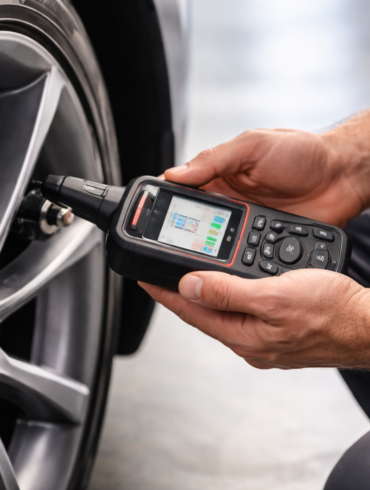 TPMS Scan Tool diagnosing tire pressure sensor problems on a modern vehicle wheel system