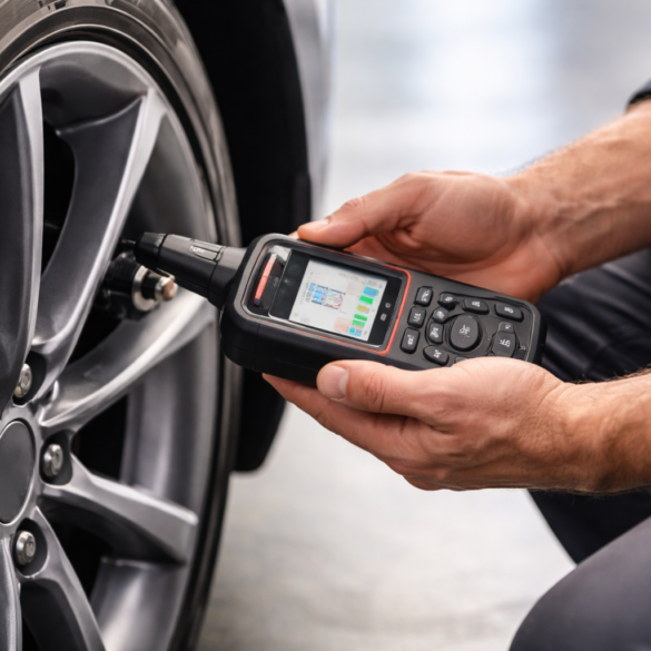 TPMS Scan Tool diagnosing tire pressure sensor problems on a modern vehicle wheel system