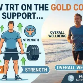 How TRT on the Gold Coast aids energy, strength, and overall wellbeing. Image of a man jogging on the beach conveys an active lifestyle.