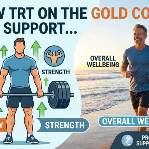 How TRT on the Gold Coast aids energy, strength, and overall wellbeing. Image of a man jogging on the beach conveys an active lifestyle.