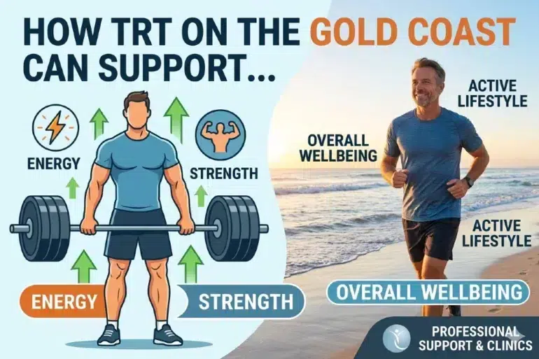 How TRT on the Gold Coast aids energy, strength, and overall wellbeing. Image of a man jogging on the beach conveys an active lifestyle.