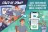 Cartoon of a frustrated person surrounded by spam emails, contrasted with a smiling person using a temporary email generator on their phone. Text promotes spam reduction.