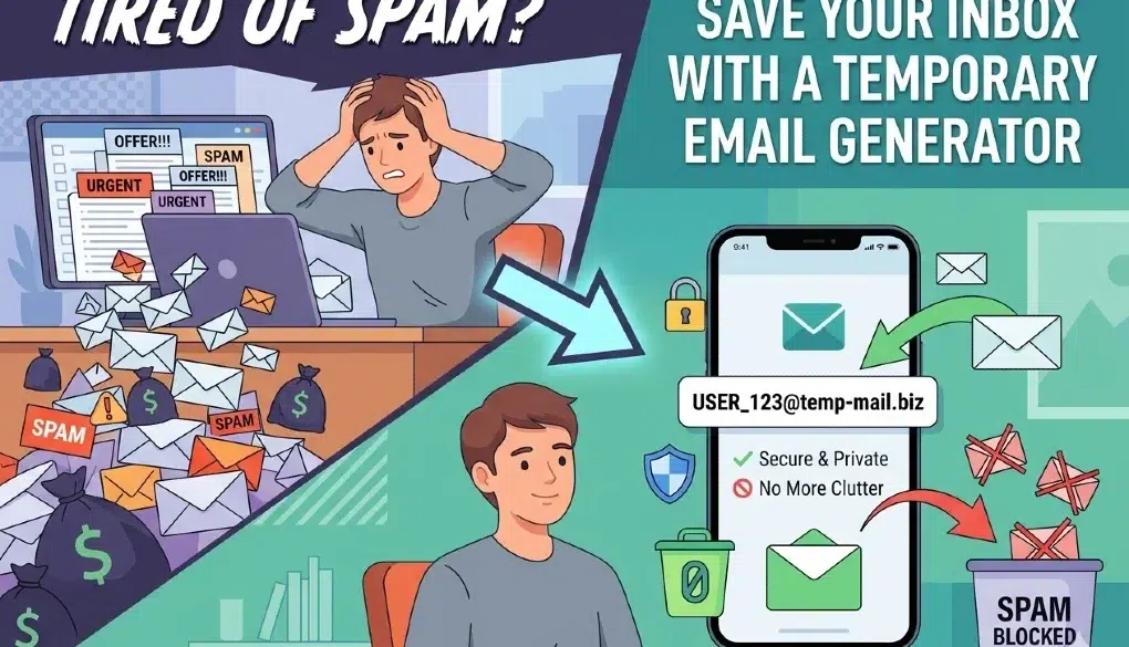 Cartoon of a frustrated person surrounded by spam emails, contrasted with a smiling person using a temporary email generator on their phone. Text promotes spam reduction.