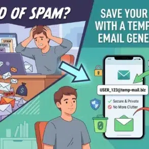 Cartoon of a frustrated person surrounded by spam emails, contrasted with a smiling person using a temporary email generator on their phone. Text promotes spam reduction.