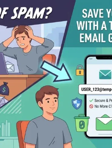 Cartoon of a frustrated person surrounded by spam emails, contrasted with a smiling person using a temporary email generator on their phone. Text promotes spam reduction.