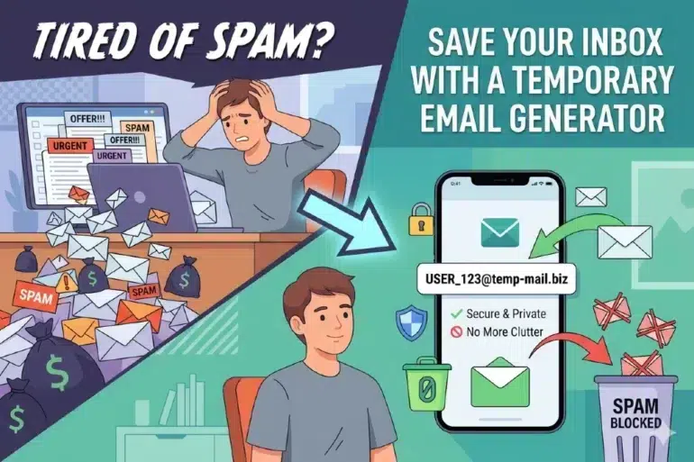 Cartoon of a frustrated person surrounded by spam emails, contrasted with a smiling person using a temporary email generator on their phone. Text promotes spam reduction.