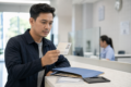 Person holding a Temporary Identity Certificate while completing official identity verification paperwork