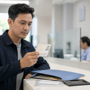 Person holding a Temporary Identity Certificate while completing official identity verification paperwork
