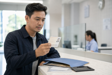 Person holding a Temporary Identity Certificate while completing official identity verification paperwork