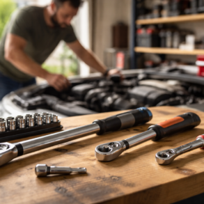 Torque wrench sizes and types for home and garage projects on a workbench with sockets and automotive tools
