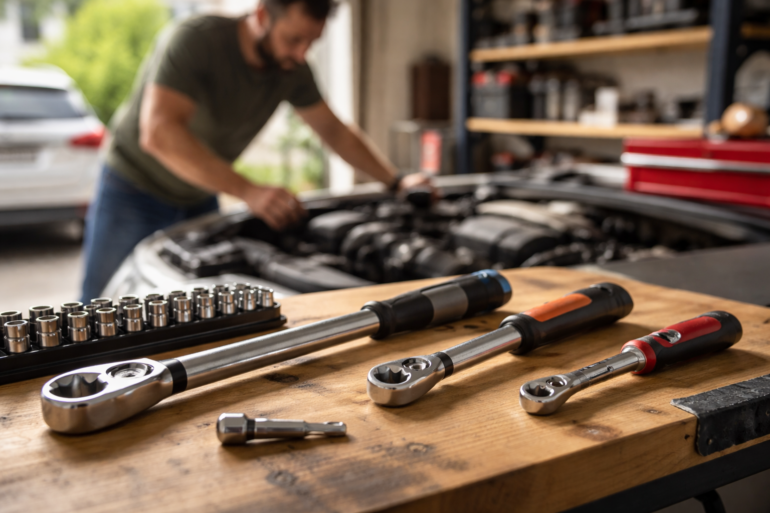 Torque wrench sizes and types for home and garage projects on a workbench with sockets and automotive tools
