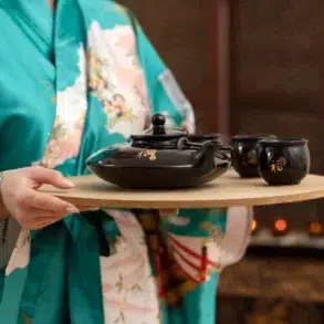 A person in a floral kimono holds a wooden tray with a black teapot and matching cups. The background is softly lit with glowing candles, creating a serene ambiance.