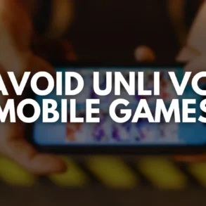 Hands holding a smartphone with a blurry game on screen; bold white text overlays, "AVOID UNLI VC MOBILE GAMES." Conveys caution against addictive gaming.