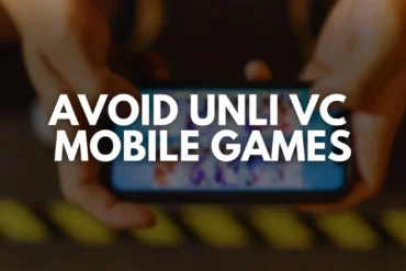 Hands holding a smartphone with a blurry game on screen; bold white text overlays, "AVOID UNLI VC MOBILE GAMES." Conveys caution against addictive gaming.