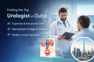 Doctor in a white coat discusses with a patient in a bright clinic. Text highlights urological expertise in Dubai. Small images of the urinary system and city skyline.