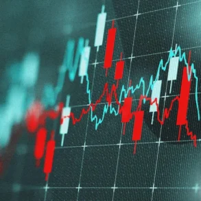 A financial chart with red and white candlesticks shows fluctuating stock prices, overlaid with a blue line graph. Numbers along the side indicate price levels, creating a dynamic and analytical atmosphere.