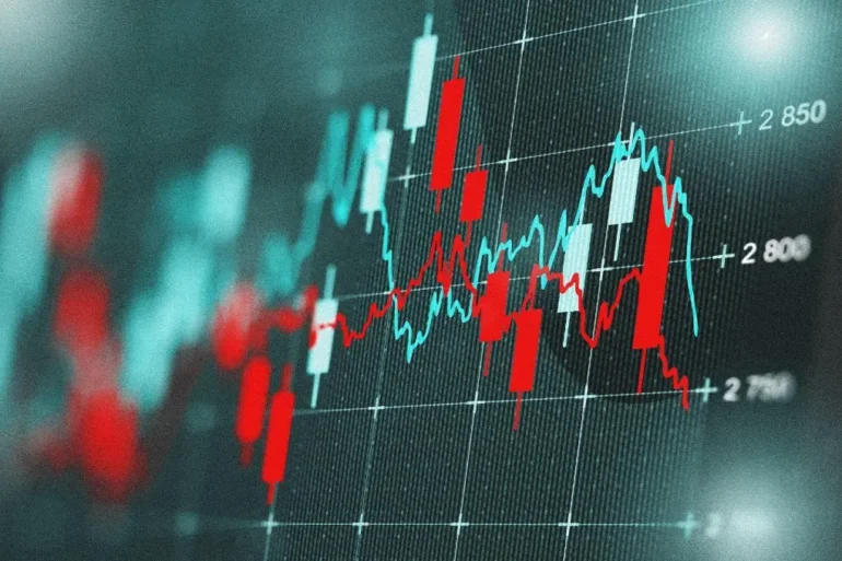 A financial chart with red and white candlesticks shows fluctuating stock prices, overlaid with a blue line graph. Numbers along the side indicate price levels, creating a dynamic and analytical atmosphere.
