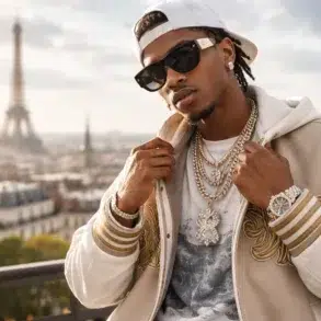 A high-end Vie Riche Paris luxury streetwear outfit featuring ornate gold patterns and premium fabrics.