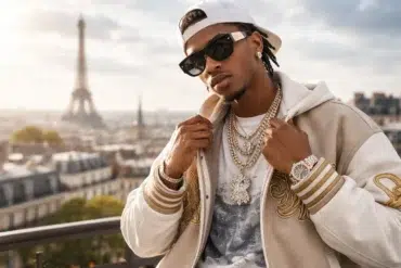 A high-end Vie Riche Paris luxury streetwear outfit featuring ornate gold patterns and premium fabrics.