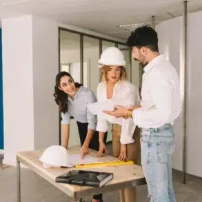 Three people in an office, wearing casual clothes and a hard hat, gather around a table with blueprints. They appear to be discussing a project.