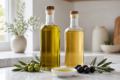 Virgin and Extra Virgin Olive Oil bottles on a kitchen counter with fresh olives and bread