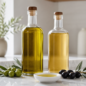 Virgin and Extra Virgin Olive Oil bottles on a kitchen counter with fresh olives and bread