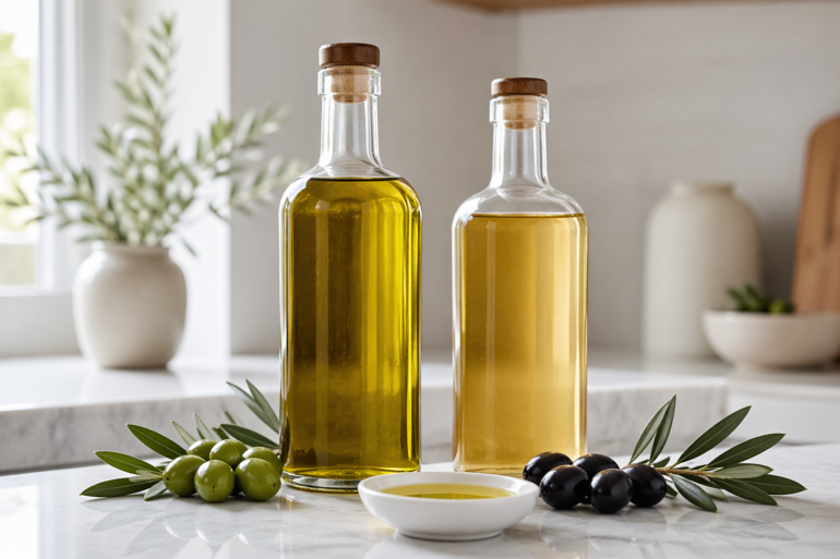 Virgin and Extra Virgin Olive Oil bottles on a kitchen counter with fresh olives and bread