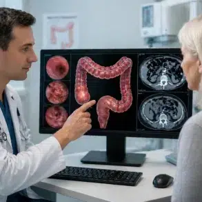 Doctor explains colon images on a computer to a patient. The screen shows detailed medical scans. The setting is clinical, informative, and serious.