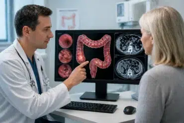 Doctor explains colon images on a computer to a patient. The screen shows detailed medical scans. The setting is clinical, informative, and serious.