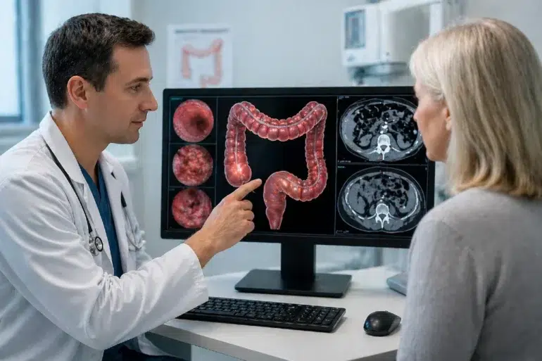 Doctor explains colon images on a computer to a patient. The screen shows detailed medical scans. The setting is clinical, informative, and serious.