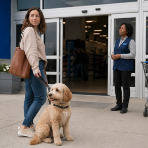 Walmart ESA Rules showing a shopper with a service dog near a retail store entrance
