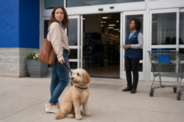 Walmart ESA Rules showing a shopper with a service dog near a retail store entrance