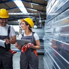 Two factory workers wearing yellow hard hats and gray overalls smile while reviewing documents on a clipboard and tablet in an industrial setting.