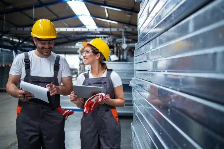 Two factory workers wearing yellow hard hats and gray overalls smile while reviewing documents on a clipboard and tablet in an industrial setting.