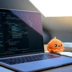 A laptop displaying code is on a wooden desk with a plush orange toy, white mouse, glasses, and notepad. Sunlight filters through a slanted window.