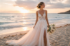 Bride wearing a Wedding Dress in the Beach with a soft flowing gown, ocean waves, natural sunlight, and elegant seaside bridal styling