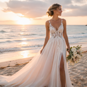 Bride wearing a Wedding Dress in the Beach with a soft flowing gown, ocean waves, natural sunlight, and elegant seaside bridal styling
