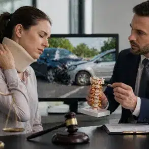 A woman in a neck brace consults with a lawyer holding a spine model. A car crash image is on the computer screen behind them, next to legal scales and a gavel, conveying a serious and professional atmosphere.
