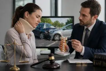 A woman in a neck brace consults with a lawyer holding a spine model. A car crash image is on the computer screen behind them, next to legal scales and a gavel, conveying a serious and professional atmosphere.