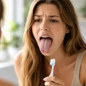Person looking in mirror at white tongue even after brushing teeth