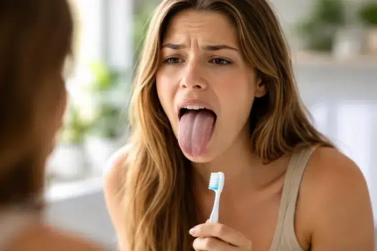 Person looking in mirror at white tongue even after brushing teeth
