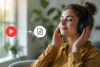 YouTube Convert to MP3 audio saving concept on a laptop with headphones and waveform interface