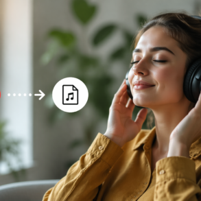 YouTube Convert to MP3 audio saving concept on a laptop with headphones and waveform interface