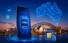 A smartphone with an eSIM icon is displayed against a backdrop of Sydney Opera House and Harbour Bridge. Overhead, a glowing map of Australia signifies connectivity, with icons for signal, internet, cloud, and Wi-Fi. The tone is futuristic and technological.