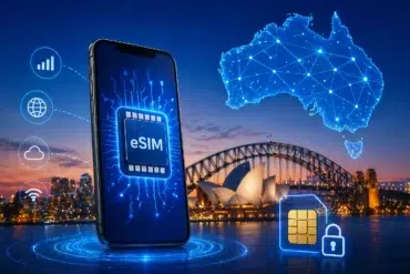 A smartphone with an eSIM icon is displayed against a backdrop of Sydney Opera House and Harbour Bridge. Overhead, a glowing map of Australia signifies connectivity, with icons for signal, internet, cloud, and Wi-Fi. The tone is futuristic and technological.
