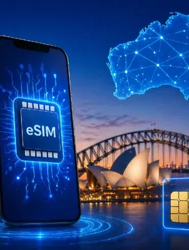 A smartphone with an eSIM icon is displayed against a backdrop of Sydney Opera House and Harbour Bridge. Overhead, a glowing map of Australia signifies connectivity, with icons for signal, internet, cloud, and Wi-Fi. The tone is futuristic and technological.