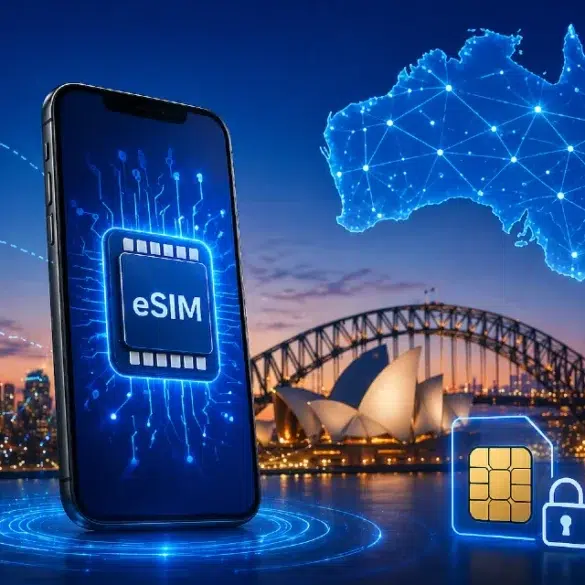 A smartphone with an eSIM icon is displayed against a backdrop of Sydney Opera House and Harbour Bridge. Overhead, a glowing map of Australia signifies connectivity, with icons for signal, internet, cloud, and Wi-Fi. The tone is futuristic and technological.
