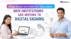 Smiling man and woman in professional attire using digital devices. Text reads "eSignature Solution for Education: Why Institutions Are Moving to Digital Signing." Background people in discussion.