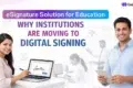 Smiling man and woman in professional attire using digital devices. Text reads "eSignature Solution for Education: Why Institutions Are Moving to Digital Signing." Background people in discussion.